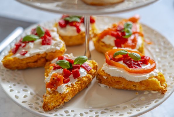 Squash scones with whipped goat’s cheese, roasted red peppers and basil