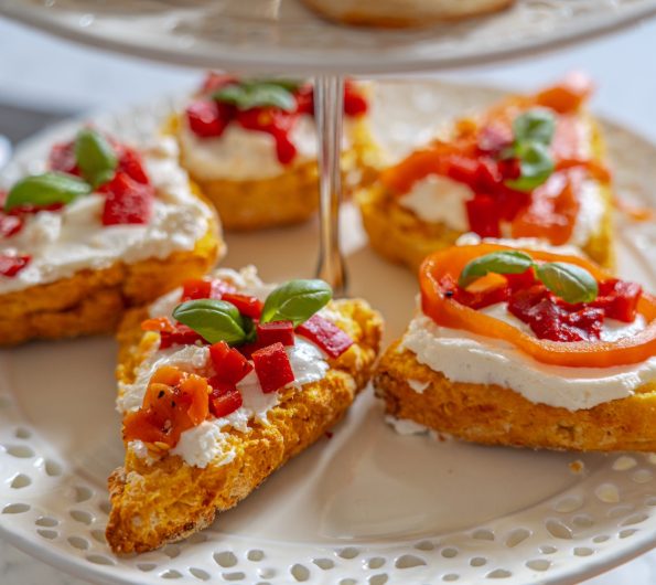 Squash scones with whipped goat’s cheese, roasted red peppers and basil