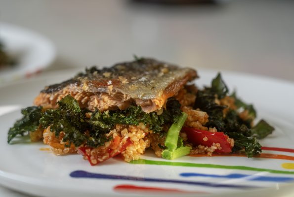 Prue’s Trout with mixed grain salad with roasted red peppers and harissa dressing
