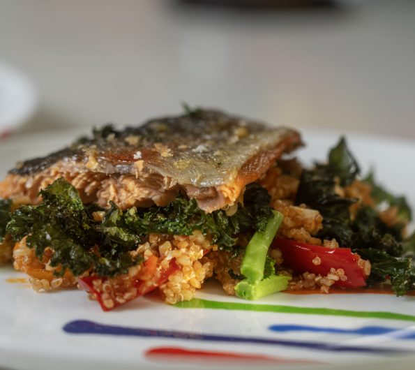 Prue’s Trout with mixed grain salad with roasted red peppers and harissa dressing