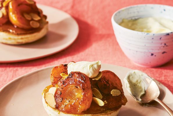 Apricots, almonds & clotted cream on an English muffin