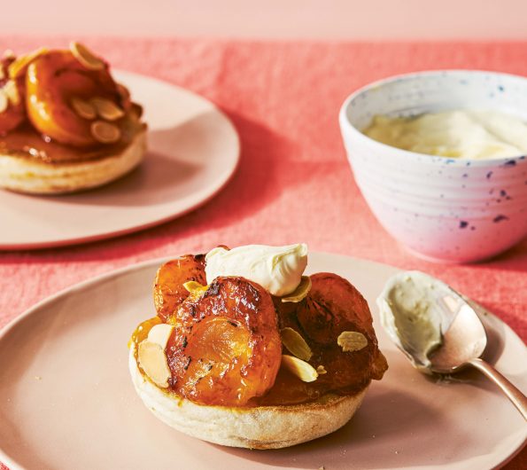 Apricots, almonds & clotted cream on an English muffin